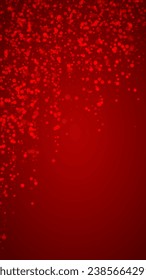 Magic falling snow christmas background. Subtle flying snow flakes and stars on christmas red background. Magic falling snow holiday scenery.   Vertical vector illustration.