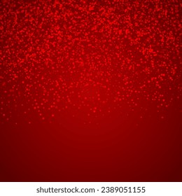 El fondo de navidad de la nieve cae mágicamente. Sutiles copos de nieve volando y estrellas de fondo rojo navideño. Escenario de vacaciones de nieve en caída mágica.   Ilustración vectorial cuadrada.
