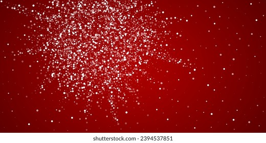 Magic falling snow christmas background. Subtle flying snow flakes and stars on christmas red background. Magic falling snow holiday scenery.   Wide vector illustration.