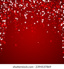 Magic falling snow christmas background. Subtle flying snow flakes and stars on christmas red background. Magic falling snow holiday scenery.   Square vector illustration.