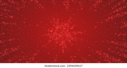 Magic falling snow christmas background. Subtle flying snow flakes and stars on christmas red background. Magic falling snow holiday scenery.   Wide vector illustration.