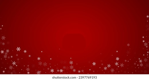 Magic falling snow christmas background. Subtle flying snow flakes and stars on christmas red background. Magic falling snow holiday scenery.   Wide vector illustration.