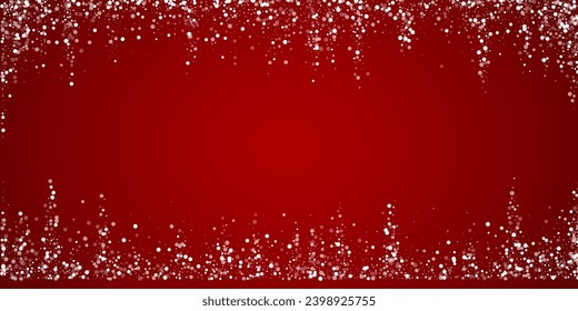 Magic falling snow christmas background. Subtle flying snow flakes and stars on christmas red background. Magic falling snow holiday scenery.   Wide vector illustration.