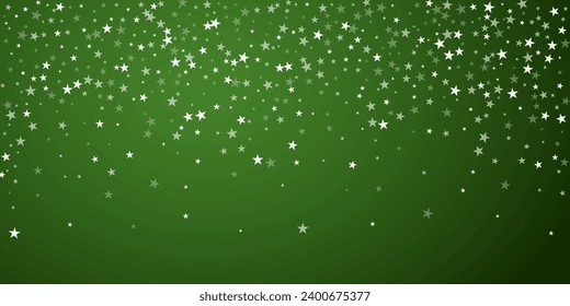Magic falling snow christmas background. Subtle flying snow flakes and stars on christmas green background. Magic falling snow holiday scenery.   Wide vector illustration.