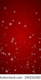 Magic falling snow christmas background. Subtle flying snow flakes and stars on christmas red background. Magic falling snow holiday scenery.   Vertical vector illustration.