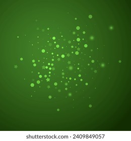 Magic falling snow christmas background. Subtle flying snow flakes and stars on christmas green background. Magic falling snow holiday scenery.   Square vector illustration.