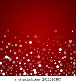 Magic falling snow christmas background. Subtle flying snow flakes and stars on christmas red background. Magic falling snow holiday scenery.   Square vector illustration.