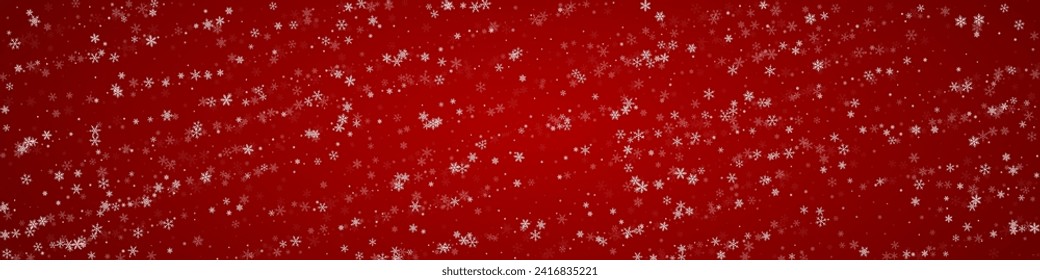 Magic falling snow christmas background. Subtle flying snow flakes and stars on christmas red background. Magic falling snow holiday scenery.   Panoramic vector illustration.