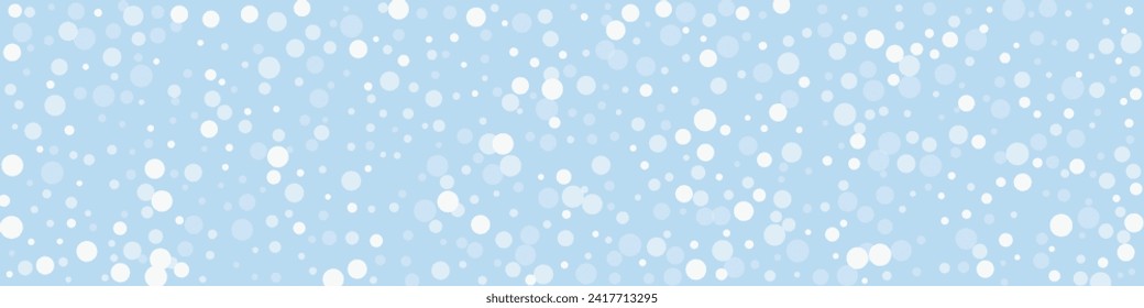 Magic falling snow christmas background. Subtle flying snow flakes and stars on light blue winter backdrop. Magic falling snow holiday scenery.   Panoramic vector illustration.