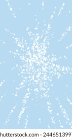 Magic falling snow christmas background. Subtle flying snow flakes and stars on light blue winter backdrop. Magic falling snow holiday scenery.   Vertical vector illustration.