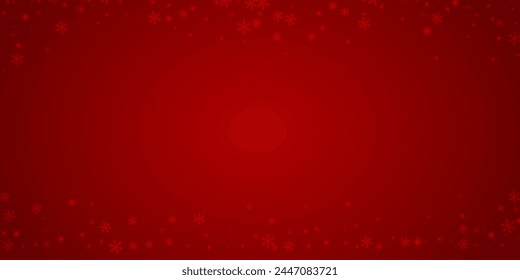 Magic falling snow christmas background. Subtle flying snow flakes and stars on christmas red background. Magic falling snow holiday scenery.   Wide vector illustration.