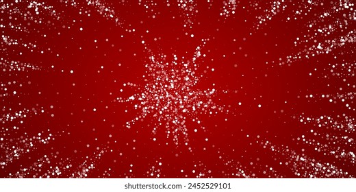 Magischer fallender Schnee Weihnachten Hintergrund. Subtil fliegende Schneeflocken und Sterne auf weihnachtlich rotem Hintergrund. Magische Fallschnee-Ferien-Landschaft.   Große Vektorillustration.