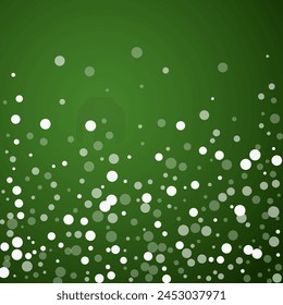 Magic falling snow christmas background. Subtle flying snow flakes and stars on christmas green background. Magic falling snow holiday scenery.   Square vector illustration.