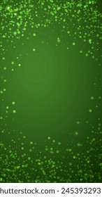 Magic falling snow christmas background. Subtle flying snow flakes and stars on christmas green background. Magic falling snow holiday scenery.   Vertical vector illustration.