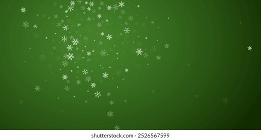 Magic falling snow christmas background. Subtle flying snow flakes and stars on christmas green background. Magic falling snow holiday scenery.   Wide vector illustration.