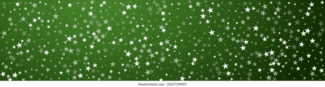 Magic falling snow christmas background. Subtle flying snow flakes and stars on christmas green background. Magic falling snow holiday scenery.   Panoramic vector illustration.