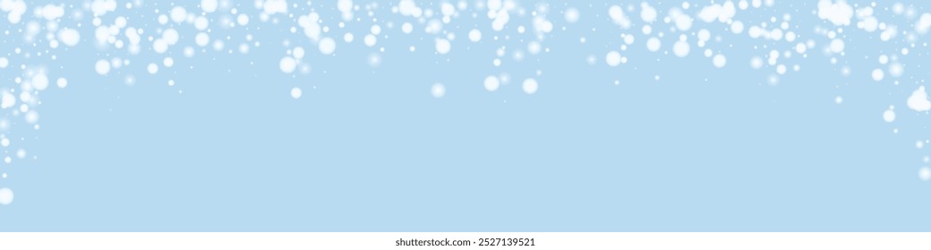 Magic falling snow christmas background. Subtle flying snow flakes and stars on light blue winter backdrop. Magic falling snow holiday scenery.   Panoramic vector illustration.