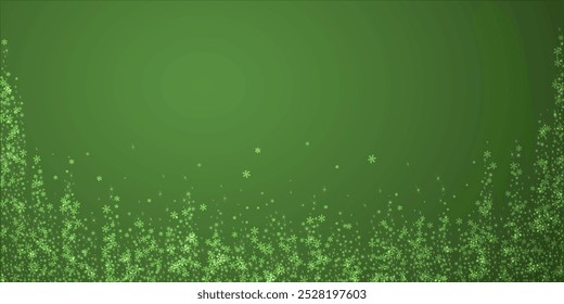 Magic falling snow christmas background. Subtle flying snow flakes and stars on christmas green background. Magic falling snow holiday scenery.   Wide vector illustration.