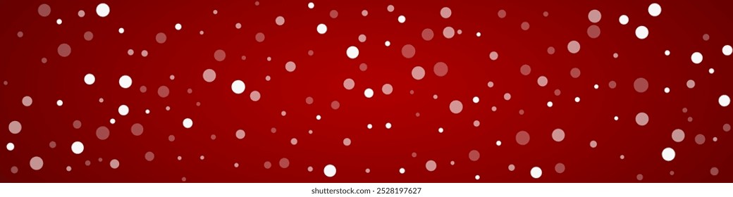 Magic falling snow christmas background. Subtle flying snow flakes and stars on christmas red background. Magic falling snow holiday scenery.   Panoramic vector illustration.