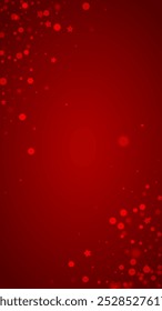 Magic falling snow christmas background. Subtle flying snow flakes and stars on christmas red background. Magic falling snow holiday scenery.   Vertical vector illustration.