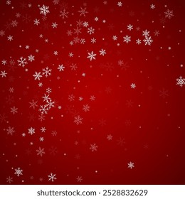 Magic falling snow christmas background. Subtle flying snow flakes and stars on christmas red background. Magic falling snow holiday scenery.   Square vector illustration.