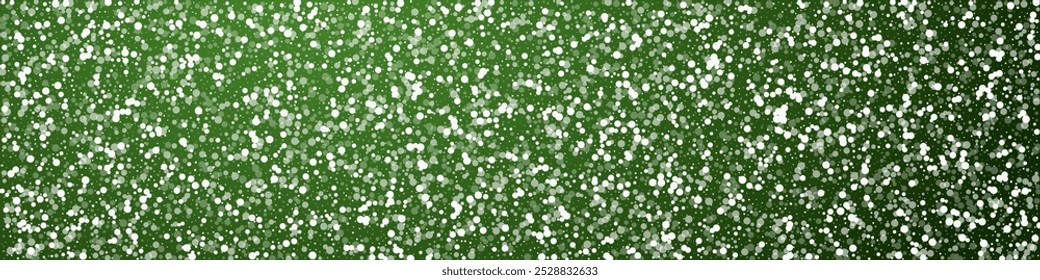 Magic falling snow christmas background. Subtle flying snow flakes and stars on christmas green background. Magic falling snow holiday scenery.   Panoramic vector illustration.