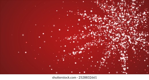 Magic falling snow christmas background. Subtle flying snow flakes and stars on christmas red background. Magic falling snow holiday scenery.   Wide vector illustration.