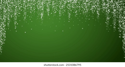 Magic falling snow christmas background. Subtle flying snow flakes and stars on christmas green background. Magic falling snow holiday scenery.   Wide vector illustration.