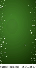 Magic falling snow christmas background. Subtle flying snow flakes and stars on christmas green background. Magic falling snow holiday scenery.   Vertical vector illustration.