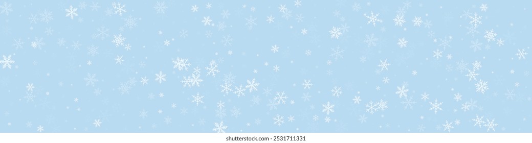 Magic falling snow christmas background. Subtle flying snow flakes and stars on light blue winter backdrop. Magic falling snow holiday scenery.   Panoramic vector illustration.