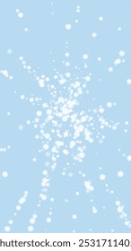 Magic falling snow christmas background. Subtle flying snow flakes and stars on light blue winter backdrop. Magic falling snow holiday scenery.   Vertical vector illustration.