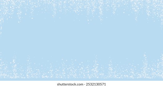 Magic falling snow christmas background. Subtle flying snow flakes and stars on light blue winter backdrop. Magic falling snow holiday scenery.   Wide vector illustration.