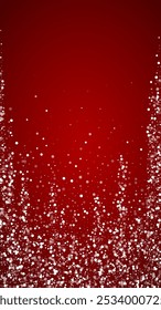 Magic falling snow christmas background. Subtle flying snow flakes and stars on christmas red background. Magic falling snow holiday scenery.   Vertical vector illustration.