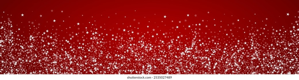 Magic falling snow christmas background. Subtle flying snow flakes and stars on christmas red background. Magic falling snow holiday scenery.   Panoramic vector illustration.