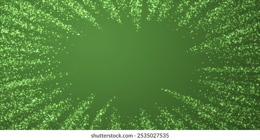 Magic falling snow christmas background. Subtle flying snow flakes and stars on christmas green background. Magic falling snow holiday scenery.   Wide vector illustration.