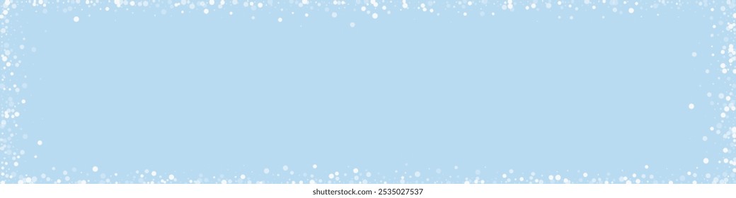 Magic falling snow christmas background. Subtle flying snow flakes and stars on light blue winter backdrop. Magic falling snow holiday scenery.   Panoramic vector illustration.