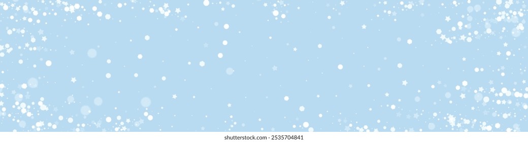 Magic falling snow christmas background. Subtle flying snow flakes and stars on light blue winter backdrop. Magic falling snow holiday scenery.   Panoramic vector illustration.