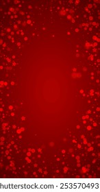 Magic falling snow christmas background. Subtle flying snow flakes and stars on christmas red background. Magic falling snow holiday scenery.   Vertical vector illustration.