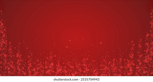 Magic falling snow christmas background. Subtle flying snow flakes and stars on christmas red background. Magic falling snow holiday scenery.   Wide vector illustration.