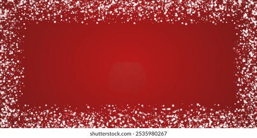 Magic falling snow christmas background. Subtle flying snow flakes and stars on christmas red background. Magic falling snow holiday scenery.   Wide vector illustration.