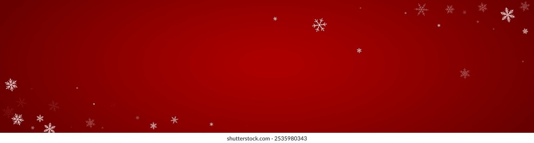 Magic falling snow christmas background. Subtle flying snow flakes and stars on christmas red background. Magic falling snow holiday scenery.   Panoramic vector illustration.