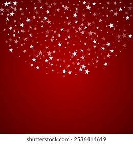 Magic falling snow christmas background. Subtle flying snow flakes and stars on christmas red background. Magic falling snow holiday scenery.   Square vector illustration.