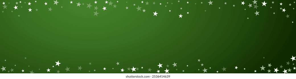 Magic falling snow christmas background. Subtle flying snow flakes and stars on christmas green background. Magic falling snow holiday scenery.   Panoramic vector illustration.