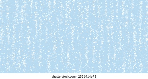 Magic falling snow christmas background. Subtle flying snow flakes and stars on light blue winter backdrop. Magic falling snow holiday scenery.   Wide vector illustration.