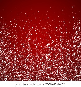 Magic falling snow christmas background. Subtle flying snow flakes and stars on christmas red background. Magic falling snow holiday scenery.   Square vector illustration.