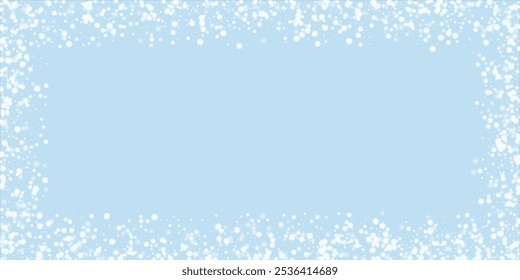 Magic falling snow christmas background. Subtle flying snow flakes and stars on light blue winter backdrop. Magic falling snow holiday scenery.   Wide vector illustration.