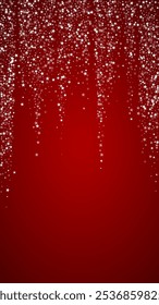 Magic falling snow christmas background. Subtle flying snow flakes and stars on christmas red background. Magic falling snow holiday scenery.   Vertical vector illustration.