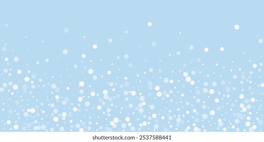 Magic falling snow christmas background. Subtle flying snow flakes and stars on light blue winter backdrop. Magic falling snow holiday scenery.   Wide vector illustration.