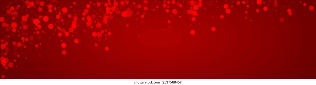 Magic falling snow christmas background. Subtle flying snow flakes and stars on christmas red background. Magic falling snow holiday scenery.   Panoramic vector illustration.