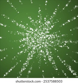 Magic falling snow christmas background. Subtle flying snow flakes and stars on christmas green background. Magic falling snow holiday scenery.   Square vector illustration.